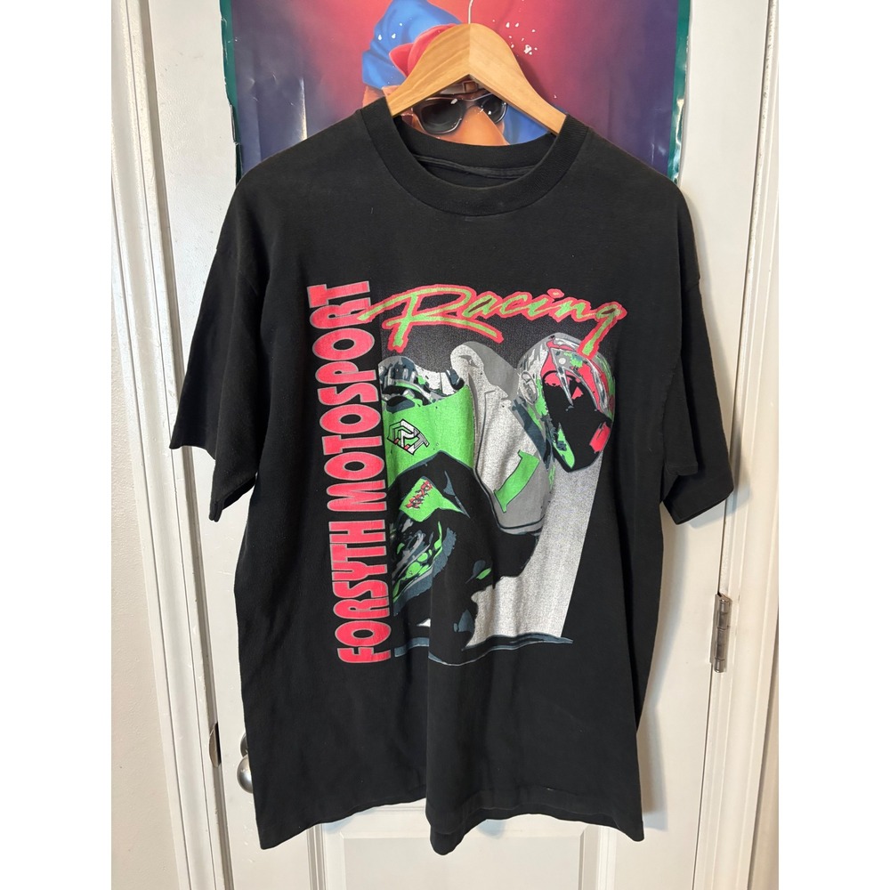 Vintage Forsyth Motorsport Racing T-Shirt Black Neon Graphic Mens XL 90s Style
